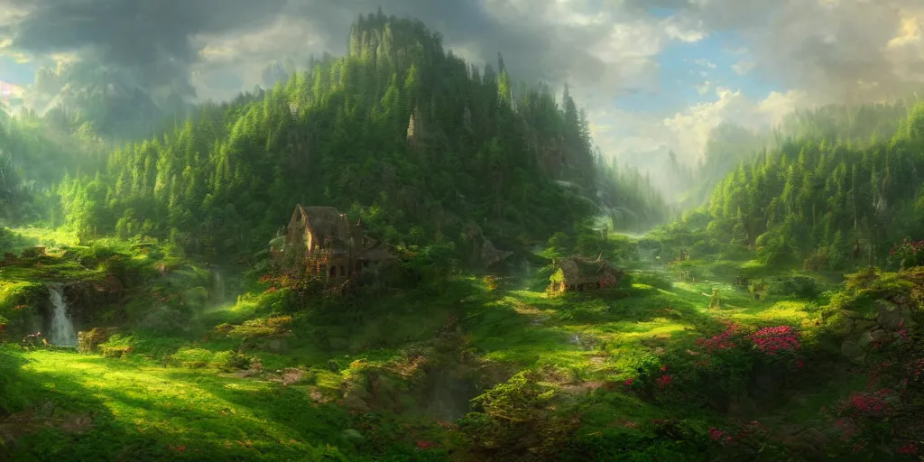 Prompt: a beautiful digital matte painting of a verdant fantasy countryside, by rainman page and thomas kinkade, very far royal castle, trending on artstation, azure sky