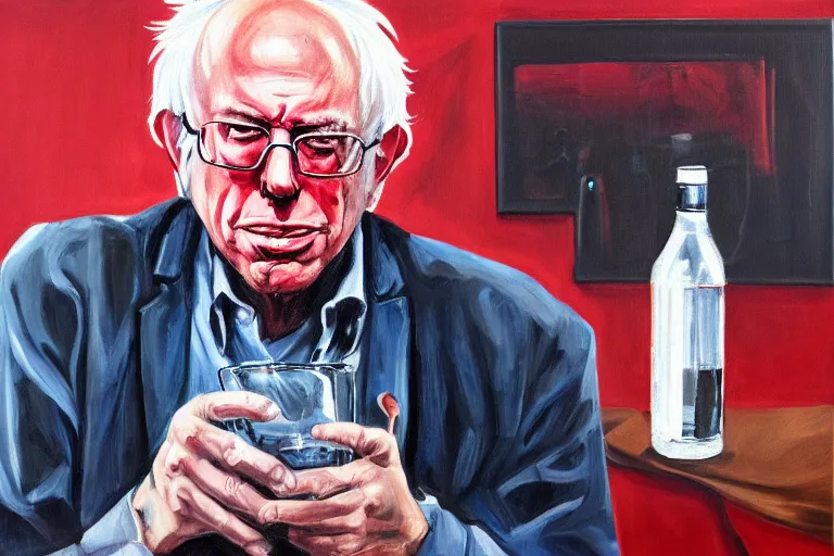 Prompt: Bernie Sanders as crunk rapper, drinking cough syrup, oil on canvas, artstation, portrait, masterpiece, aesthetic