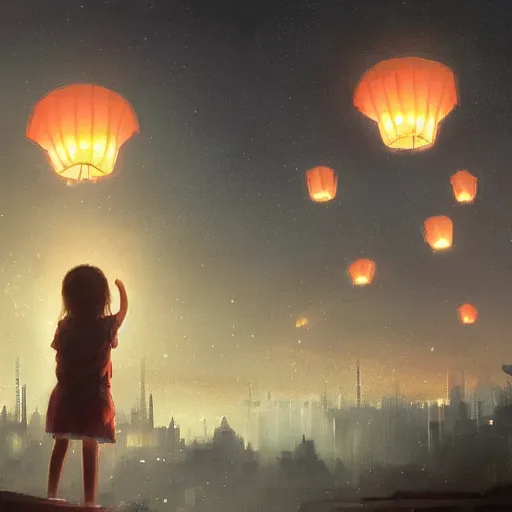 Prompt: a little girl watching hundreds of chinese sky lanterns in the night sky over a sci-fi city, by Greg Rutkowski