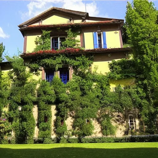 Prompt: Large Italianate House with beautiful landscaping on the shores of Lake Como, by Claude Monet