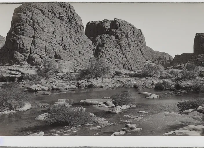 Prompt: Distant view of a huge mesa with a rocky river in the foreground, surrounded by sparse desert vegetation, rocks and boulder, albumen silver print, Smithsonian American Art Museum