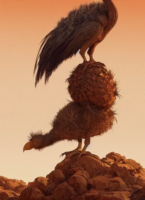 Image similar to A dodo bird perched atop a Saguaro cactus in the desert, full body, digital art, trending on Artstation, high detail, sharp focus, illustration, art by artgerm and greg rutkowski and alphonse mucha.