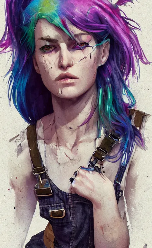 Prompt: a grungy woman with rainbow hair, drunk, angry, soft eyes and narrow chin, dainty figure, long hair straight down, torn overalls, basic white background, side boob, symmetrical, single person, style of by Jordan Grimmer and greg rutkowski, crisp lines and color,