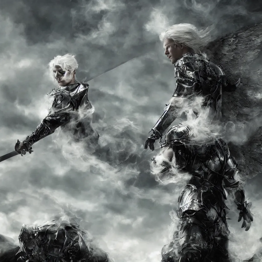 Prompt: a powerful menacing angel in focus with white hair, pale skin, knighted armor and sword levitating and surrounded by a cloud of black smoke. ultra - realistic, 8 k, detailed.