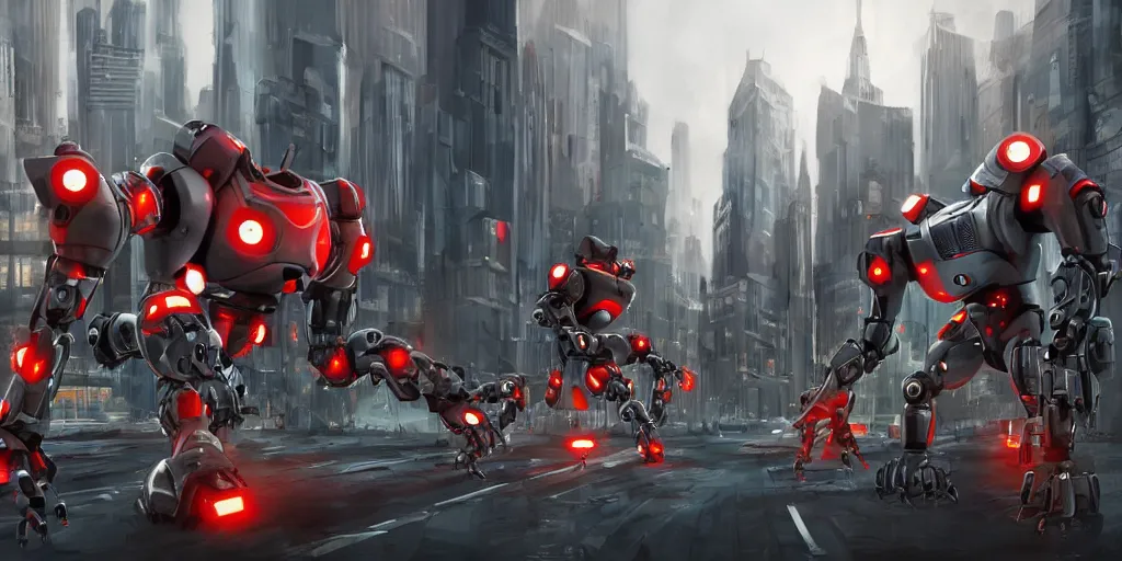 Image similar to evil robots taking over the city, cinematic, concept art, action poses