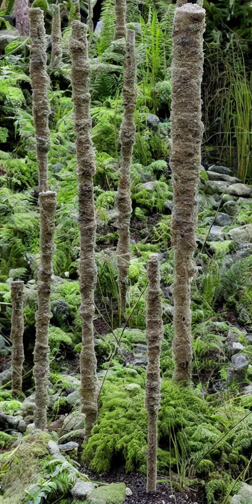 Image similar to tall and slender concrete rods emerge out of the gravel. Moss and ferns grow from holes in the rods. The rods are clustered very close together and stand straight and tall.