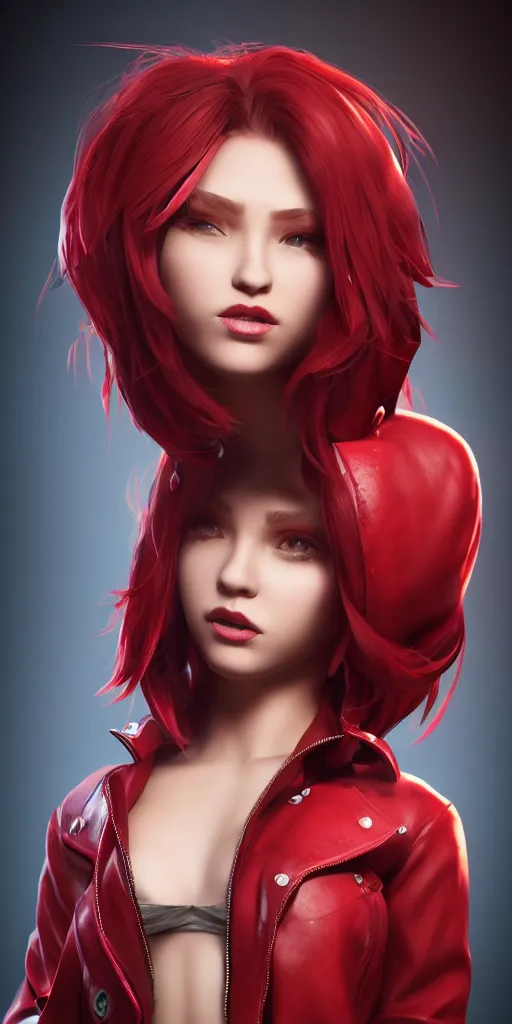 Image similar to a girl with short red hair, cool, vi from arcane, league of legends, fighter, cool red jacket, tattoo, beautiful, 3 d, potrait, art staion, studio light, closeup shot, octane render, wlop, realistic, neon