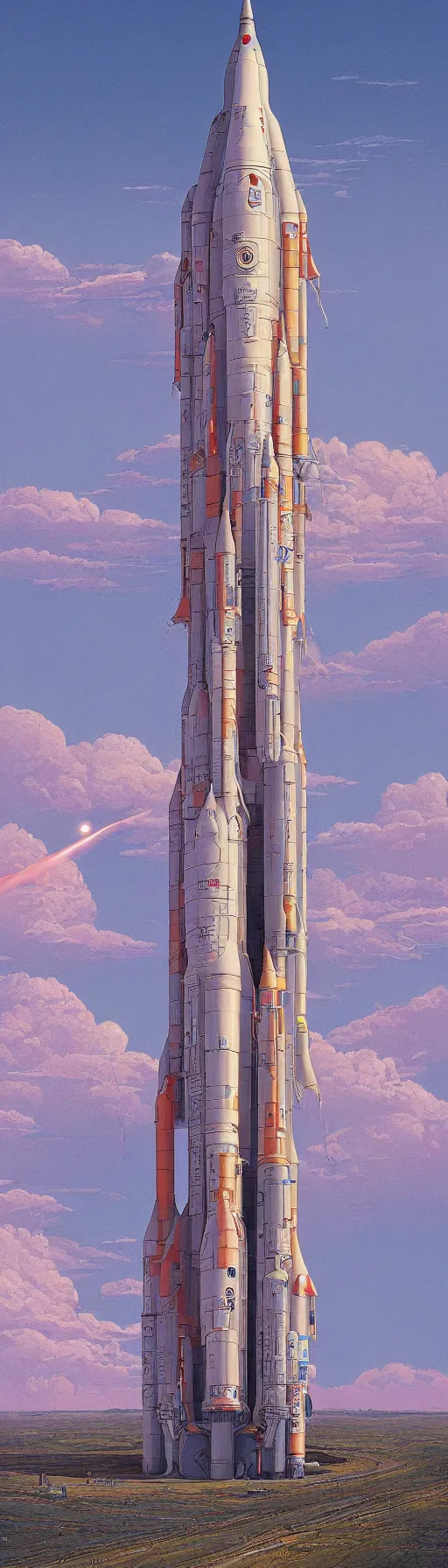 Image similar to an original jean giraud and beeple digital art masterpiece of a giant rocket