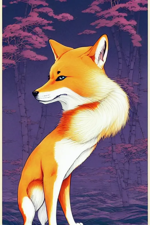 Image similar to poster of a shiba inu as a giant fox spirit, studio ghibli aesthetic, by yoichi hatakenaka, masamune shirow, josan gonzales and dan mumford, ayami kojima, takato yamamoto, barclay shaw, karol bak, yukito kishiro