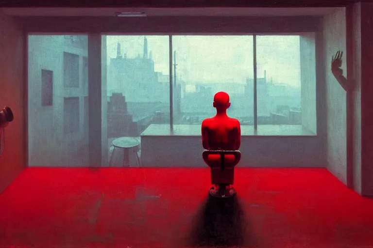 Image similar to only with red, netflix studios with workers, a big mickey mouse head in the middle of the room, in the style of beksinski, parts by edward hopper, parts by rodcenko, parts by yue minjun, intricate and epic composition, red by caravaggio, insanely quality, highly detailed, masterpiece, red light, artstation, 4 k