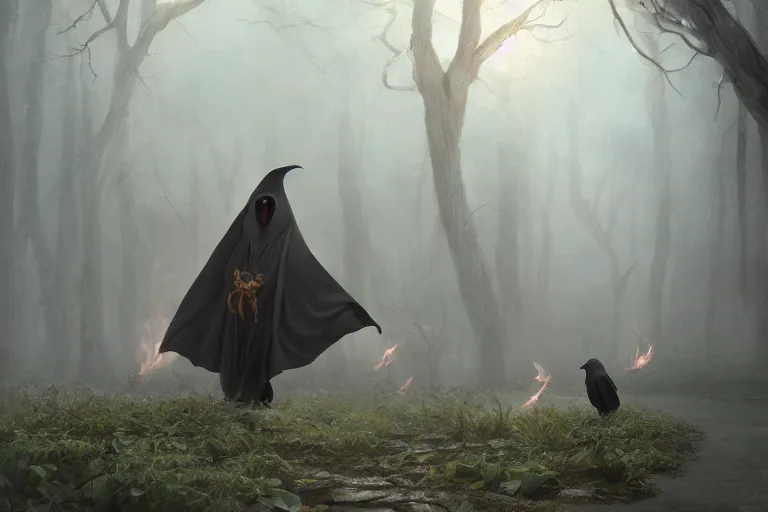 Prompt: masterful fantastic realist painting of the enchanted summoning rituals of unusual moody birds wearing cloaks, exotic owl magick, weird perspective, ritual fire, digital painting trending on artstation, volumetric lighting and mist, hyperrealistic, octane render