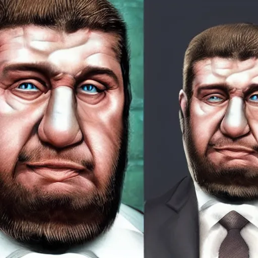 Image similar to bodyhorror portrait of ramzan kadyrov who became an ugly retarded lovecraftian monstrosity, photo - realistic, color image, 2 k, highly detailed