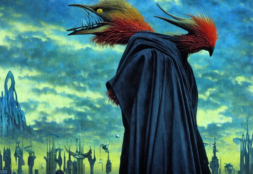 Image similar to realistic detailed portrait movie shot of a birdman wearing black robes, sci fi city landscape background by denis villeneuve, amano, yves tanguy, alphonse mucha, ernst haeckel, max ernst, roger dean, masterpiece, rich moody colours, snarling dog teeth, blue eyes