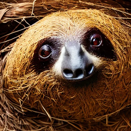 Image similar to a studio photo of a sloth using a cowboy hay