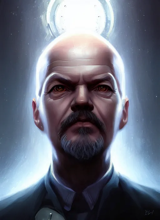 Image similar to « a portrait o cyberpunk vladimir lenin, glowing eyes, a digital painting by charlie bowater, featured on cgsociety, fantasy art, behance hd, wiccan, artstation hd »