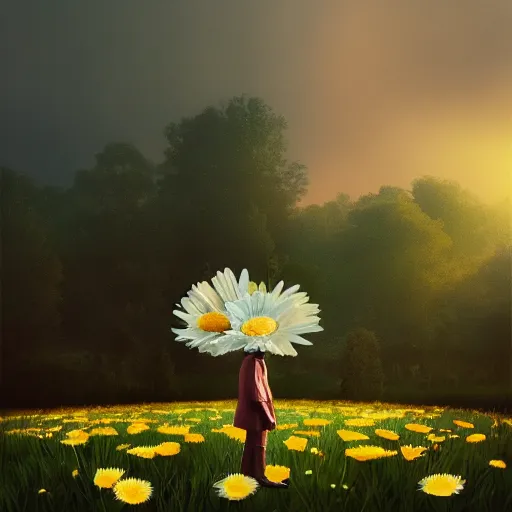 Image similar to giant daisy flower head, frontal, a girl in a suit, surreal photography, sunrise, dramatic light, impressionist painting, digital painting, artstation, simon stalenhag