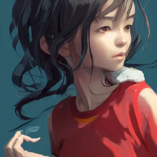 Image similar to Full body, splash art by WLOP, Ilya kuvshinov, Krenz Cushart, and Greg Rutkowski, trending on artstation. Realistic fantasy Native Indian young girl with dark skin and silky black hair, wearing a red-sleeved white t-shirt with jeans, she has fire powers, her hair is made out of astonishing fire flames, wide panorama of a Cinematic dramatic atmosphere of a mystic dense forest, full of foliage, sharp focus, soft volumetric studio lighting