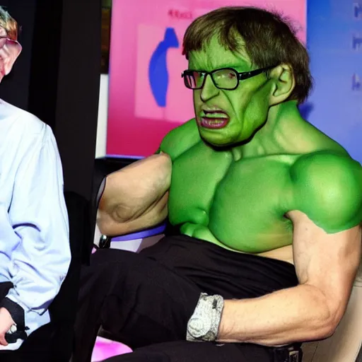 Image similar to stephen hawking cosplaying as the hulk, muscly stephen hawking wearing a hulk costume, bill gates jacked beefy cosplay award winner