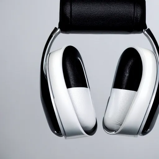 Image similar to product photoshoot of clean modern hand crafted aipods pro max beats headphones colot metal white silver with black leather padding well design ultrareallistic detailed high quality 8 k photorealistic ultra realistic