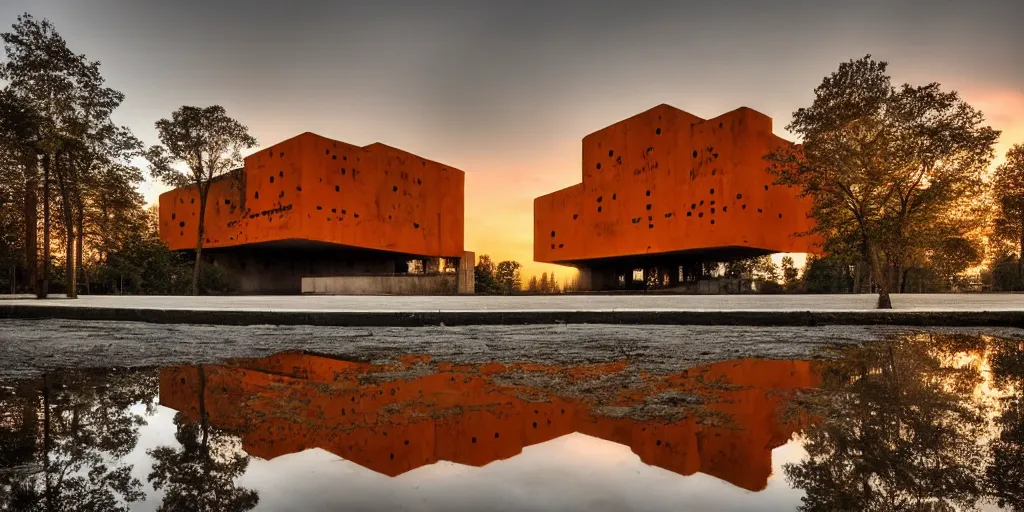 Image similar to huge building in shape of skull by le corbusier brutalism, puddles of water, trees, sunrise, orange glow, by greg rutkowsky and ivan shishkin,