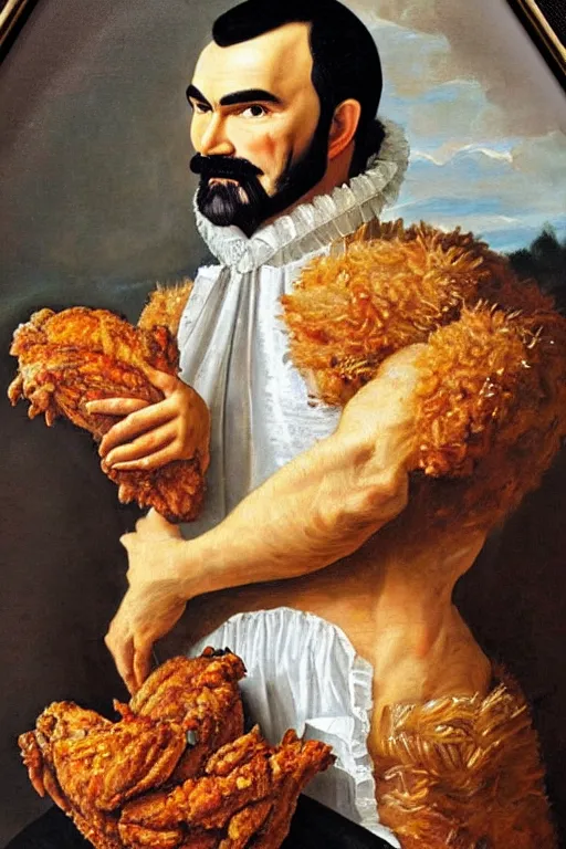 Prompt: a 1 6 0 0 s framed portrait painting of burt reynolds holding a bucket of fried chicken, intricate, elegant, highly detailed