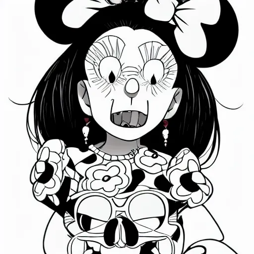 Prompt: anime manga skull portrait girl face minnie mouse marge Simpsons detailed highres 4k Mucha and James Jean pop art nouveau