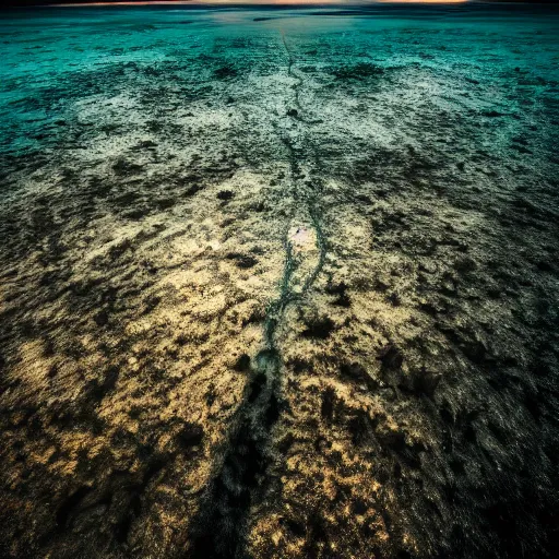 Image similar to bioluminescent, ocean floor, landscape, night, cinematic, wildlife photography, wide angle, dark