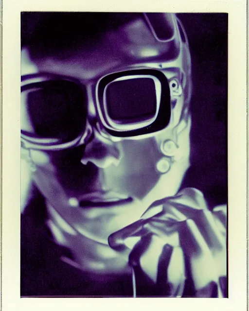 Prompt: cyber - polaroid of a cyborg with glasses, soft emotion, cybernetic, ethereal curtain, starburst, chrome vortex, vibrant scattered light, reflective glass, lcd screen, 1 9 6 0 s, computer - generated, dreamy