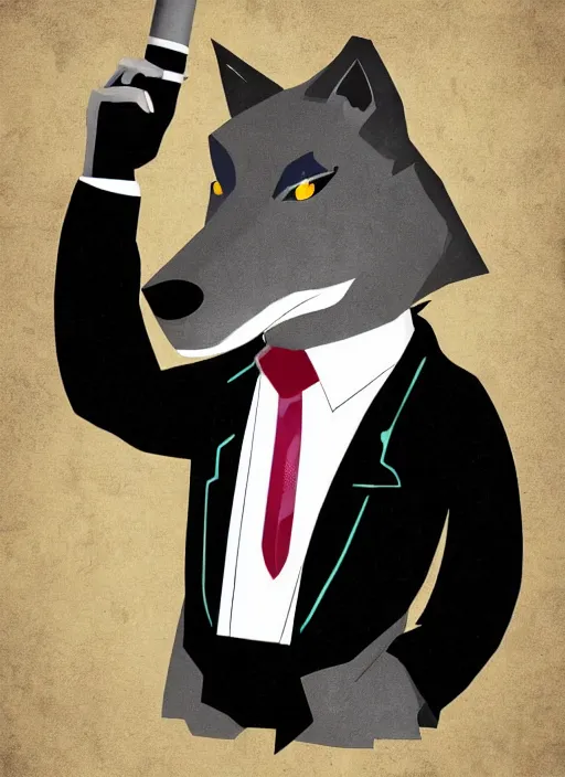 Image similar to anthropomorphic wolf in a suit and tie, smoking a cigarette. Digital art, colorful