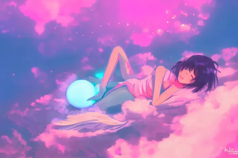 Image similar to a cute anime girl sleeping on a cloud, misty, glows, digital art, hazy, foggy, ambient lighting, 8 k, neon, synthwave,