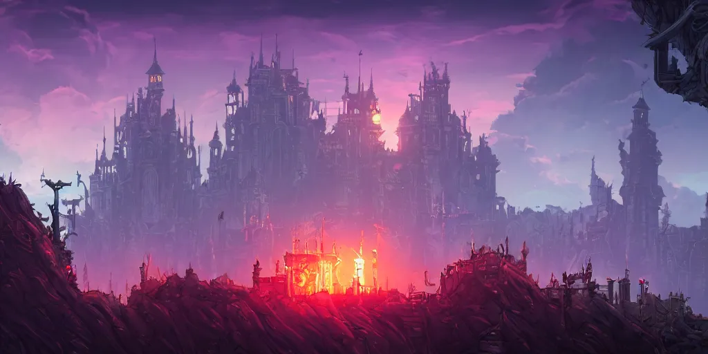 Image similar to Castlevania SOTN, hollow knight, dead cells, Blasphemous, Portraiting a platform magical castle, side scrolling, , Very Cloudy Sky, Sun, Neon Lights, Subject in Middle, Rule of Thirds, 4K, Retrofuturism, Studio Ghibli, Simon Stålenhag