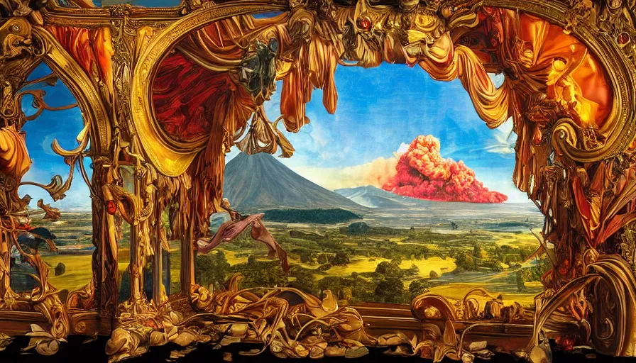 Prompt: a huge standalone hyperrealistic photorealistic hyperdetailed elaborate window, reflecting an erupting volcano, seen from the distance. art nouveau rococo in the style of caravaggio. unexpected maximalist fabric elements hd 8 x matte background in vibrant vivid pastel textures