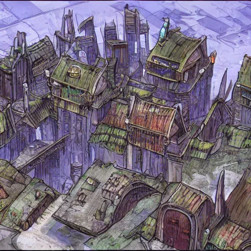 Image similar to planescape: torment art style city concept art