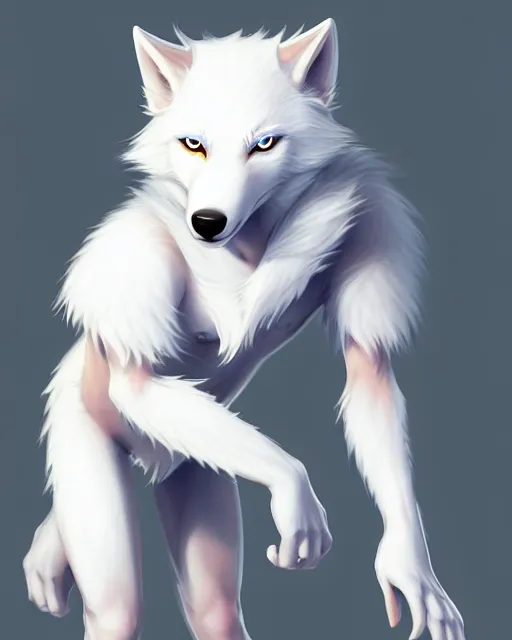 Image similar to character concept art of a cute young male anthropomorphic furry white wolf | | cute - fine - face, pretty face, key visual, realistic shaded perfect face, fine details by stanley artgerm lau, wlop, rossdraws, james jean, andrei riabovitchev, marc simonetti, and sakimichan, trending on artstation