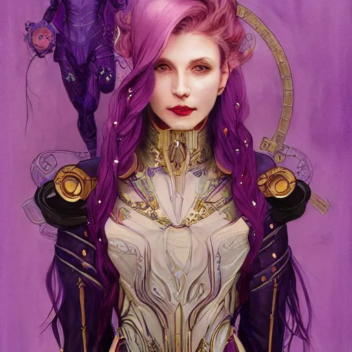 Image similar to vampire with purple hair in sci - fi power armor, highly detailed, very intricate, art nouveau, gold filigree, romantic storybook fantasy, soft cinematic lighting, award - winning, disney concept art watercolor illustration by mandy jurgens and alphonse mucha and alena aenami, pastel color palette, featured on artstation