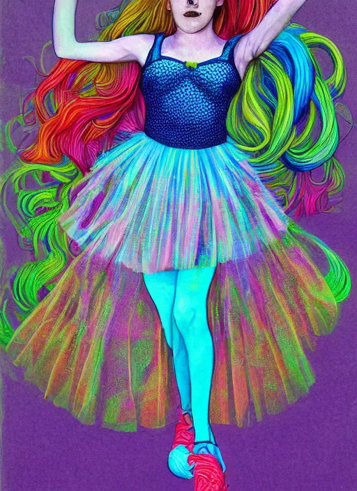 Image similar to surrealism psychedelic full body portrait sketch of evanna lynch as sadie sink as delirium of the endless in fishnet top and rainbow tutu skirt from the sandman, floating goldfish, green and blue eye heterochromia by alex ross, josh kirby, detailed, elegant, intricate