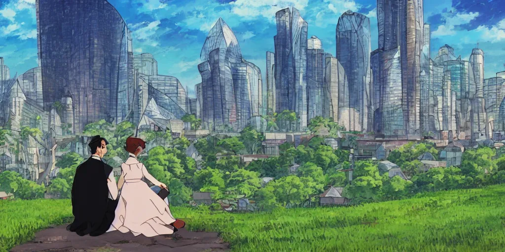 Prompt: a couple in victorian formal attire sitting in grass in front of a skyline of huge futuristic buildings, painting in the style of studio ghibli, 4 k