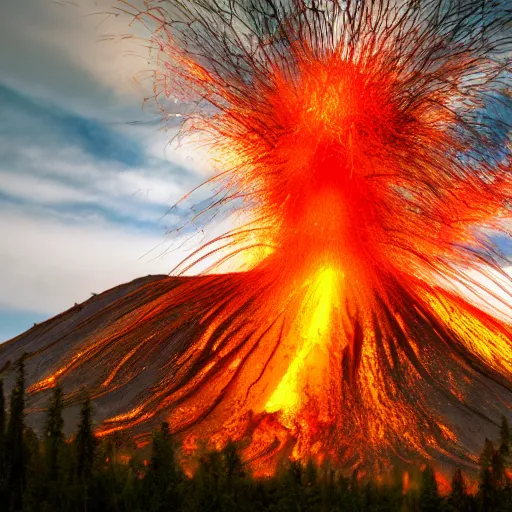 Prompt: exploding volcano in a forest, post - apocalyptic, ultra realistic, 8 k,