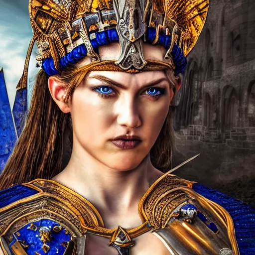 Image similar to beautiful warrior queen with lapis lazuli armour, highly detailed, 4k, HDR, smooth, sharp focus, hyper realistic, high resolution, award-winning photo