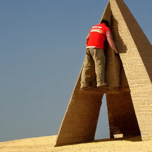 Prompt: a gigantic man building a pyramid with his hands