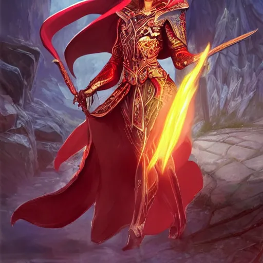 Image similar to a female elven cleric with red long hair, very good beautiful heavy scale armor, wearing a cape, casting a fire spell, dungeon background, magical, bright, colorful, fantastic lighting, amazing details, 4 k uhd, illustration by stephanie brown and mingchen shen and ilya kuvshinov, artstation, pixiv, concept art,