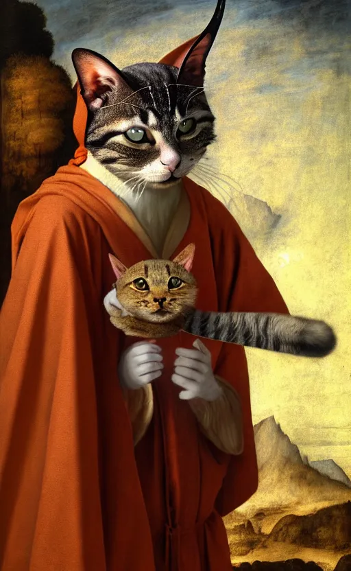 Image similar to a bipedal cat that has goat horns, anthropomorphic cat that is wearing robes, oil painting, by leonardo da vinci, dnd, character reveal, cosmic, magical, fog, noble, full body portrait, extremely detailed, cult, ritual, 4 k, 8 k