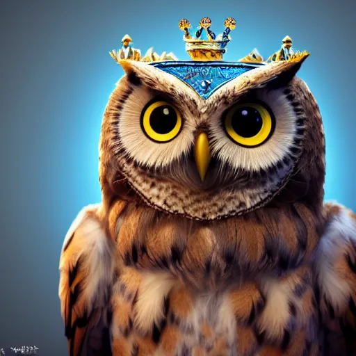 Prompt: cute owl, charactor, with big blue eyes, with a crown on his head, magical, warrior, hyper detailed, stylistic, symmetrical, 3 d render, photorealitic, 8 k, octane render