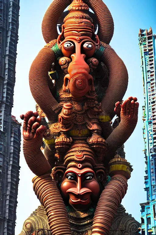 Image similar to high quality 3 d futuristic biomrphic hanuman! head building in mumbai!! centre, kalighat, highly detailed, cinematic smooth, berenice abbott & john j. park, dramatic morning light, long shot, low angle, uhd 8 k, sharp focus