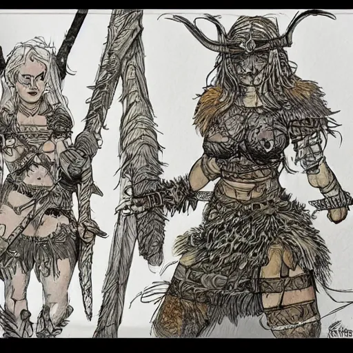 Prompt: A cute barbarian girl by Ian Miller