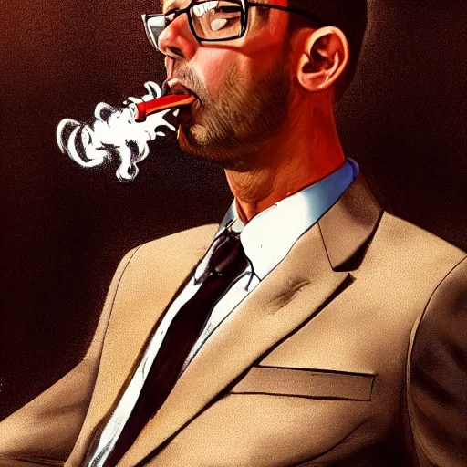 Image similar to andrew tate wearing a suit smoking a cigar on his mouth, dramatic lighting, cinematic, establishing shot, extremly high detail, photorealistic, cinematic lighting, artstation, style by James Gurney