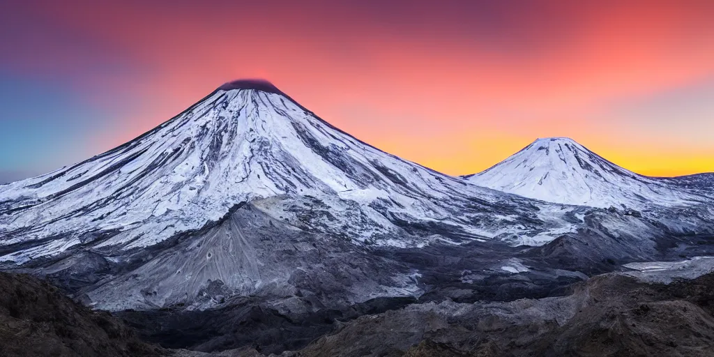 Image similar to professional photo of a snow topped volcano lit by the sunset