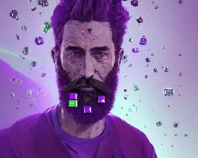 Prompt: portrait of bearded wizard with purple and green cubes orbiting head, intricate abstract. intricate artwork, by tooth wu, wlop, beeple, dan mumford. concept art, octane render, trending on artstation, greg rutkowski very coherent symmetrical artwork. cinematic, key art, hyper realism, high detail, octane render, 8 k, iridescent accents