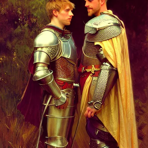 Image similar to attractive arthur pendragon and his attractive male knight, they are in love, natural lighting, path traced, highly detailed, high quality, digital painting, by gaston bussiere, craig mullins, alphonse mucha j. c. leyendecker