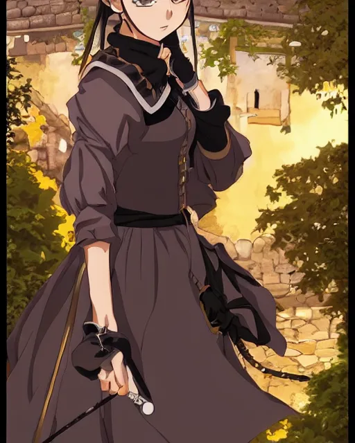 Image similar to key anime visual portrait of a young female walking through a medieval village, perfect anime face, dynamic pose, dynamic perspective, detailed silhouette, detailed, intricate, face by murata range